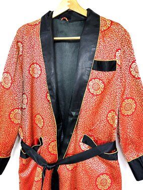 VTG 60s Oriental Red and Gold Smoking Jacket Short Lounging Robe